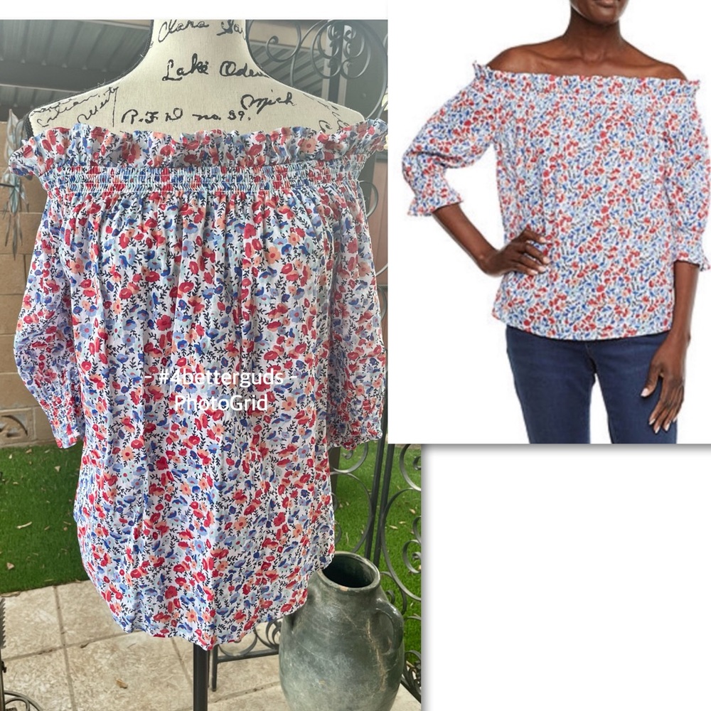 New St John’s Bay Cotton Off Shoulder Floral Colorful Peasant Boho 3/4 Sleeve MD